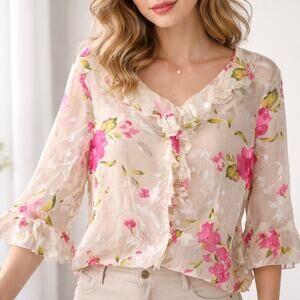 Carole Little Silk Blend Floral Blouse Large Ivory Pink Ruffle Sheer Romantic